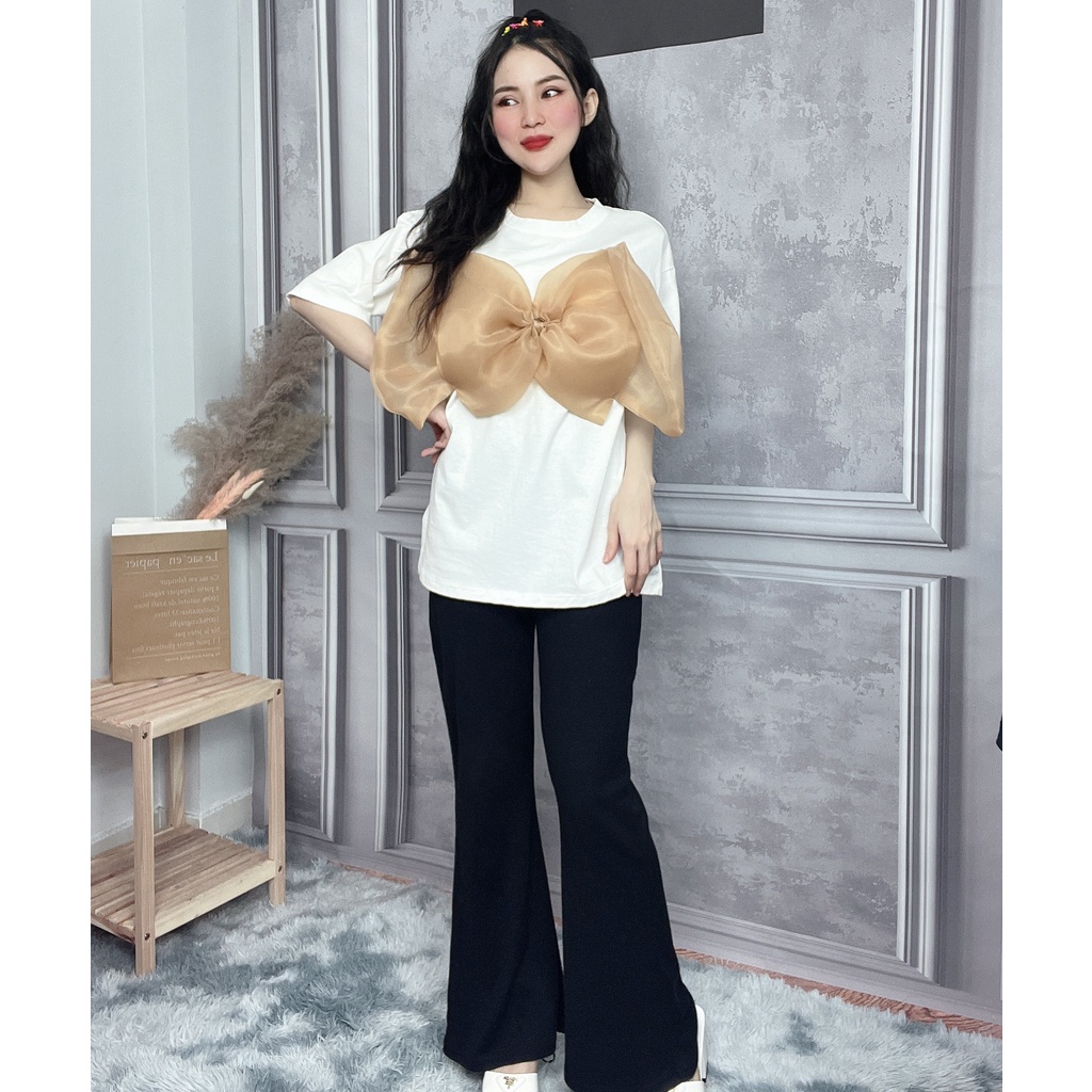 Set đồ nữ xinh quần loe đen áo trắng nơ to mặc nhà và đi chơi Sn200