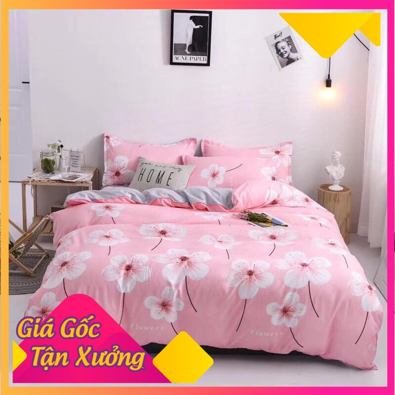 NewBỘ DRAP GIƯỜNG COTTON CHẦN BÔNG HOA ANH ĐÀO PHỐI HỒNG XÁM ((M2X2M - M8X2M))..