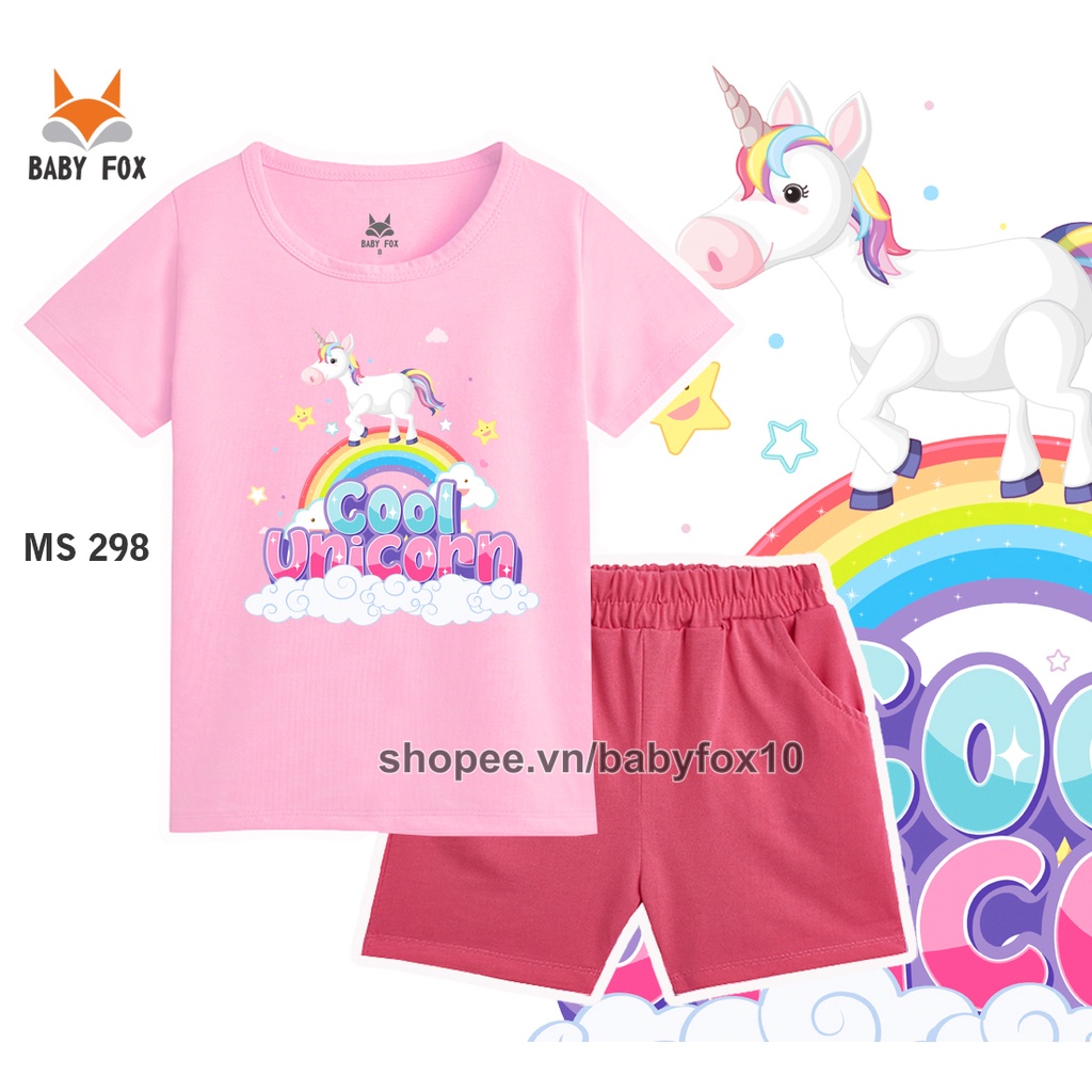 Bộ thun bé gái 100% cotton cao cấp, thương hiệu BABY FOX, in hình Unicon, size nhỏ, trung, đại i