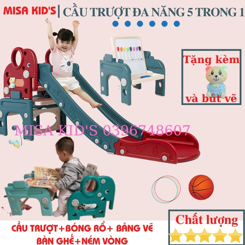 Cầu trượt cho bé cao cấp hình voi con đa năng 5 trong 1 cho bé, cầu tuột cho bé,bóng rổ cho bé