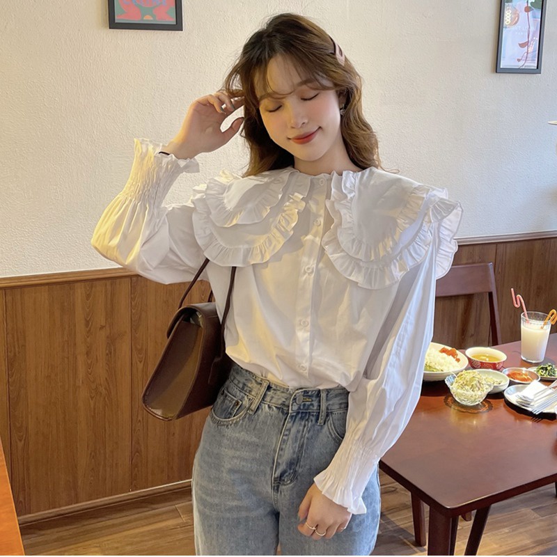 Áo Sơ Mi Trắng Kiểu nữ Công Sở CHIPY Dài Tay Bồng Bo Chun From Rộng Cổ Bèo Tầng Tiểu Thư Hàn Quốc UIzzang Vintage | BigBuy360 - bigbuy360.vn
