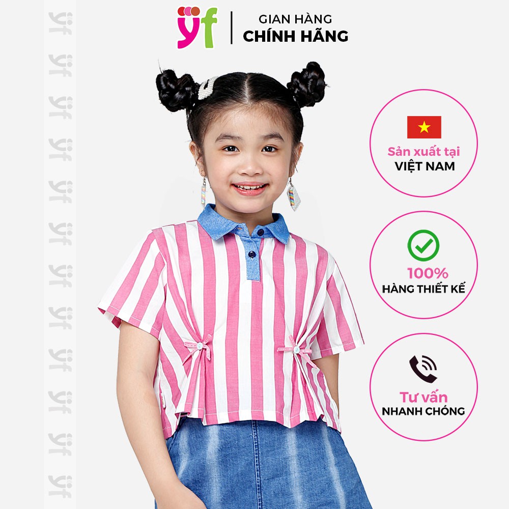 Áo kiểu bé gái YF thiết kế croptop phối cổ, 2 màu sọc xanh, hồng 9AX508