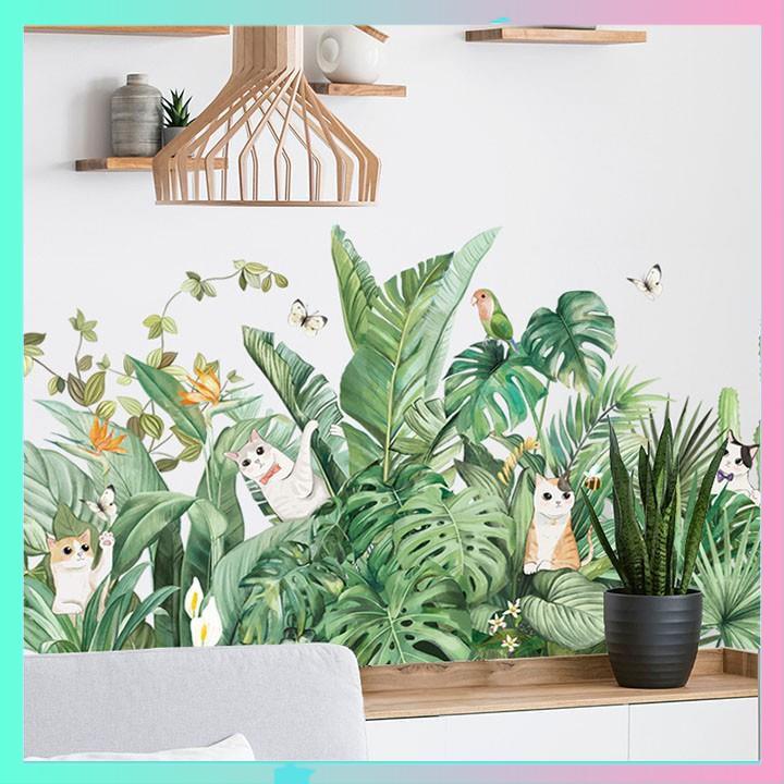 Decal dán tường hình mèo bụi cây, tranh dán tường hình mèo bụi cây trang trí phòng ngủ chân tường