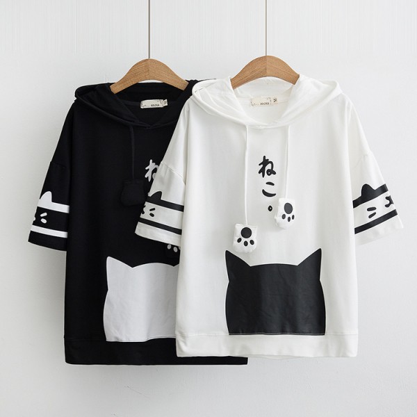 Áo hoodie mèo con tay ngắn