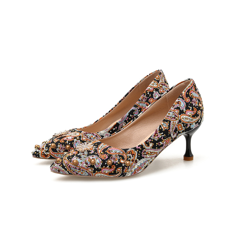 Giày cao gót mũi nhọn nữ thêu đỏ thanh lịch phong cách Trung Quốc