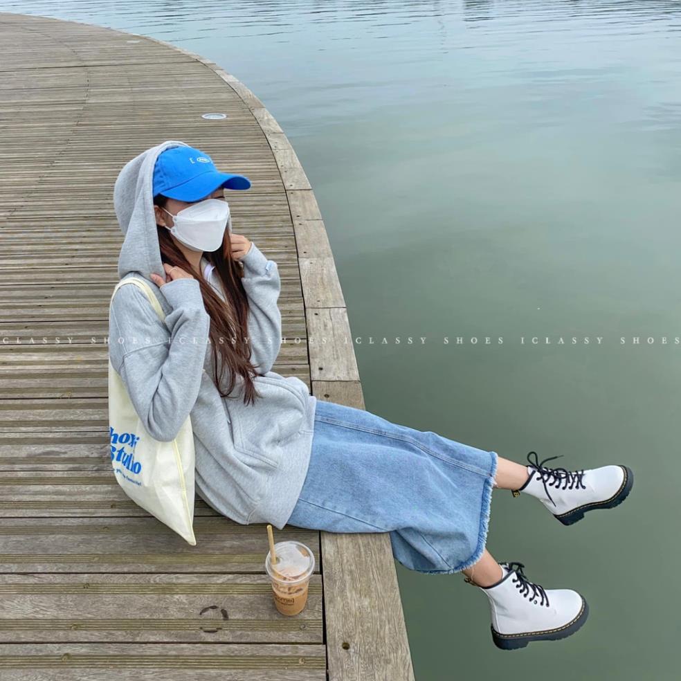 VIP Giày Bốt Martin Ulzzang, Bốt Chiến Binh Da Nữ Cổ Cao Đế Độn 3cm Phong Cách Vintage, Hàn Quốc - Iclassy_shoes