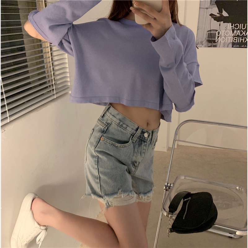 SUXI Áo Thun Dệt Kim Tay Dài Cổ Tròn Lưng Cao Thời Trang Mùa Thu Hàn Quốc Cho Nữ