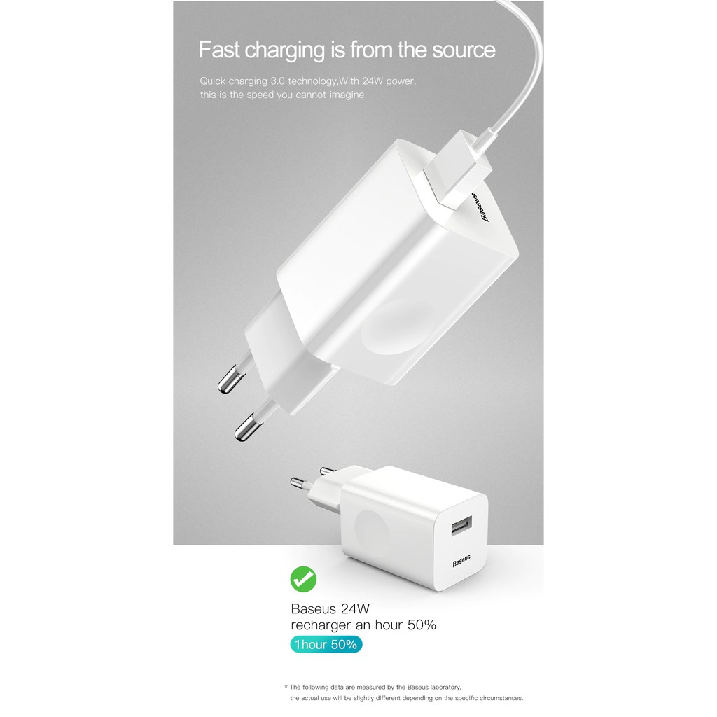 Củ sạc nhanh thần thánh Baseus Tuyệt đối an toàn cho người sử dụng mã Travel Quick Charge 3.0 24W sạc 50% trong 30 phút