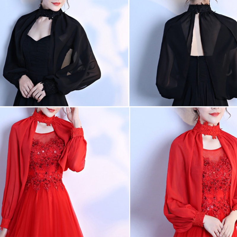 Áo Choàng Chiffon Dài Tay Phối Ren Hở Lưng Thời Trang Cho Cô Dâu