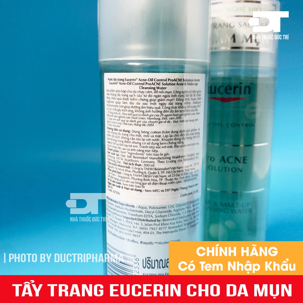 [Chính Hãng] Nước Tẩy Trang Cho Da Mụn Eucerin Pro Acne Solution Acne &amp; Make Up Cleansing Water 200ml