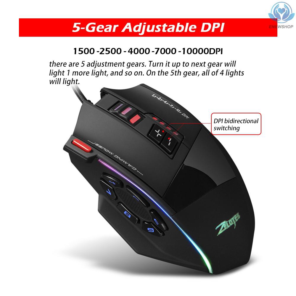 【enew】Zelotes C-13 Wired Gaming Mouse 13 Programming Keys Adjustable 10000DPI RGB Light Belt 128KB On-board Memory Built-in Counterweight Mechanism