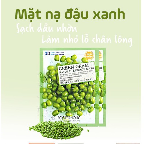 Combo 10 Mặt Nạ Làm Dịu, Dưỡng Trắng Da Chiết Xuất Đậu Xanh 3D Foodaholic Green Gram Natural Essence Mask 23ml x 10