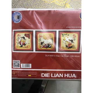 Tranh thêu chữ thập Phúc lộc thọ - Thần tài nhỏ DLH-Y88813 ( 109x40 có kết phụ kiện nổi ) chưa thêu