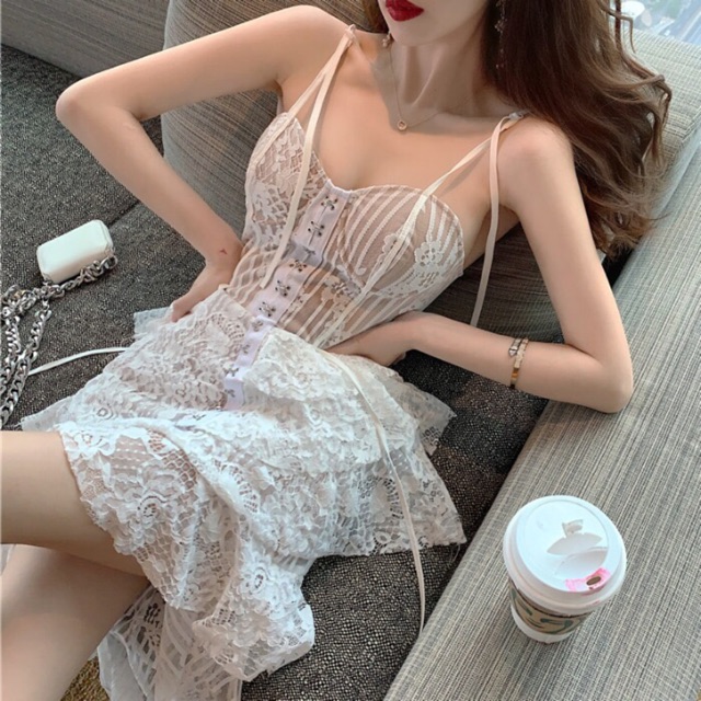 Đầm ren trắng 2 dây xoè tầng thắt dây eo cách điệu Ulzzang dự tiệc siêu đẹp- sexy - sang chảnh ❤️