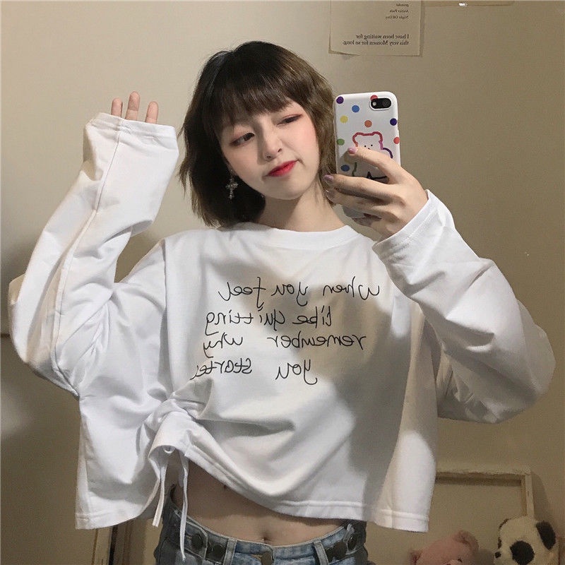 áo croptop nữ áo dài tay áo phông thời trang dây rút form rộng áo cánh dơi