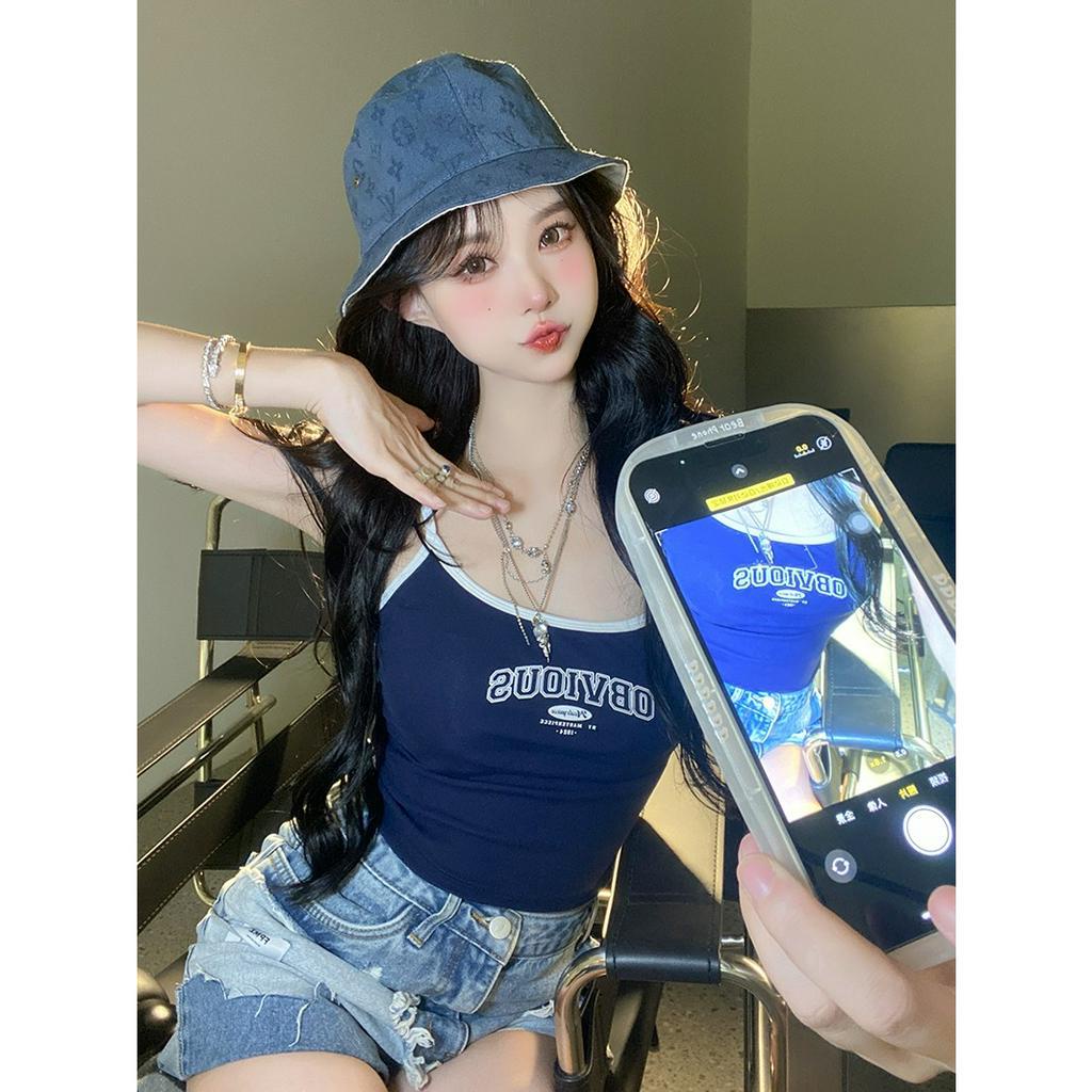 Áo Croptop Hai Dây Dáng Ôm In Chữ Phong Cách Mỹ Cổ Điển Thời Trang Mùa Hè Quyến Rũ Cho