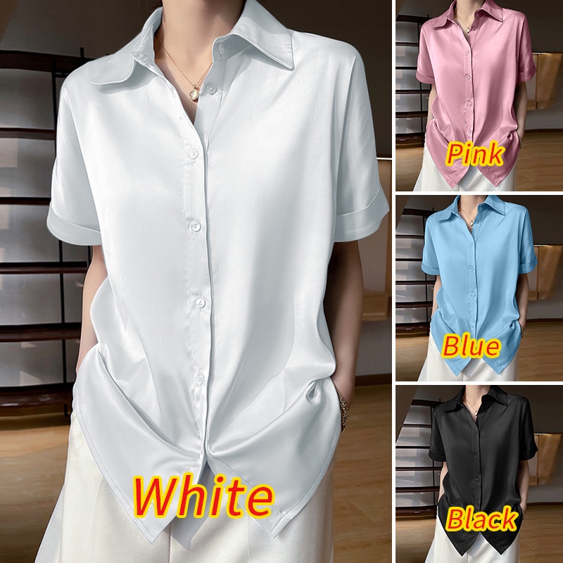 ZANZEA Áo Sơ Mi Vải Satin Tay Ngắn Cổ Bẻ Thời Trang Cho Nữ