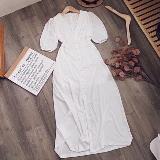 ĐẦM MAXI TRẮNG NÚT BỌC XẺ TÀ (KÈM HÌNH THẬT)