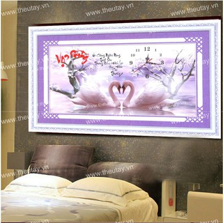 Tranh Thêu Chữ Thập 3D Đồng Hô có kết hạt cườm, hạt hoa Vợ Chồng 88866 (KHÁCH TỰ THÊU) KT: 78X44CM