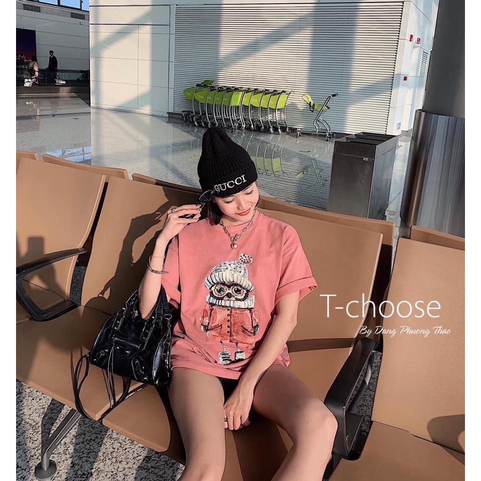 Áo phông Áo thun cotton in hình cú hồng cho nữ