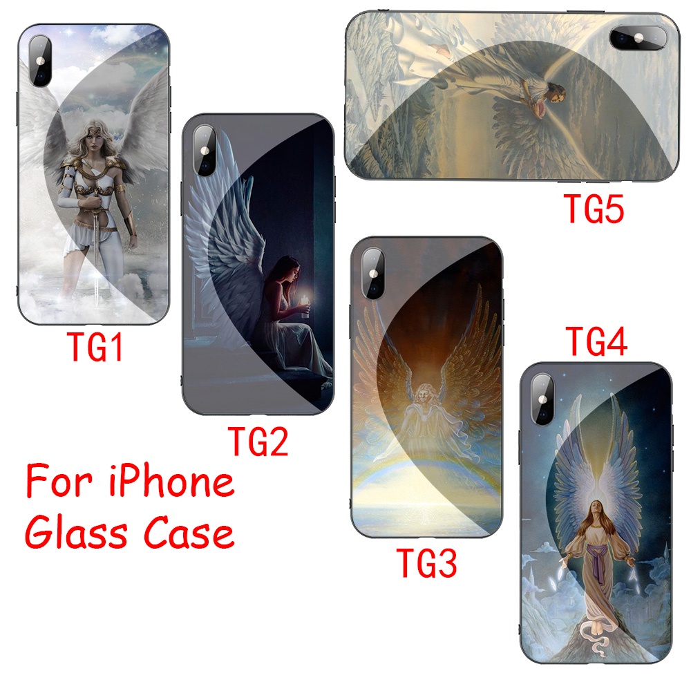 Ốp điện thoại kính cường lực viền mềm in hình đôi cánh thiên thần cho iPhone 12 Mini Pro XS Max 8 5 5s SE 2020 Plus PZ28
