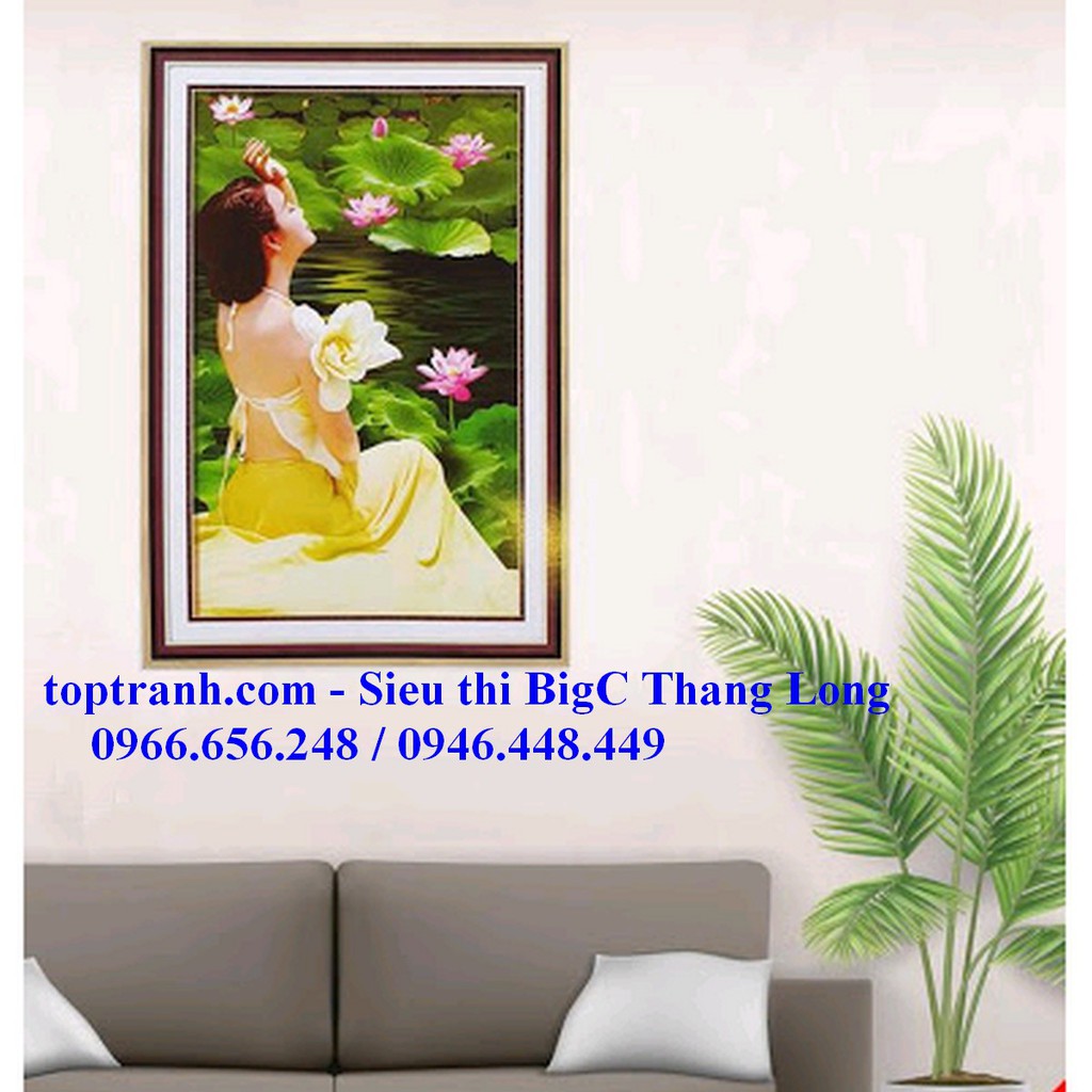 Tranh thêu chữ thập thiếu nữ bên hoa sen LV3337 chưa thêu
