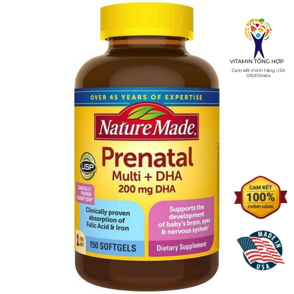 Viên uống vitamin tổng hợp bà bầu Prenatal + DHA 200mg Nature Made