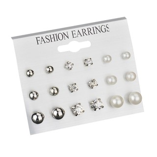 Fashion Earrings Ear Ring Set Combination Of 9 Sets of pearl and crystal