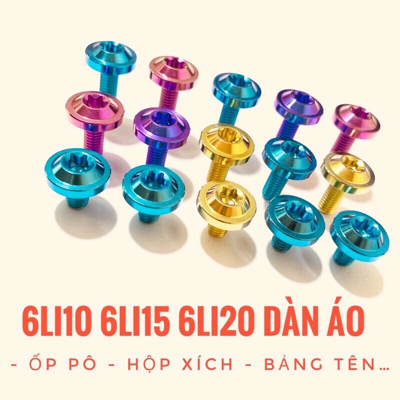 (Chuẩn Gr5) Ốc titan 6li10 6li15 6li20 đầu dù to dày gắn dàn áo ốp pô hộp xích bảng tên