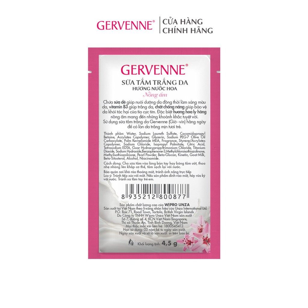 [HB Gift] Combo 5 Gói Sachet Gervenne Sữa Tắm Trắng Da Hương Nước Hoa Pink Lily 4.5G/gói