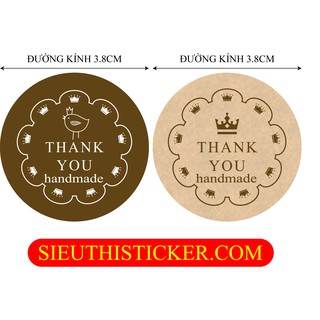 Bộ 48 Tem Thank You-Handmade họa tiết chim và vương miện kích thước 3.8cm dán túi bánh, quà tặng, gói hàng