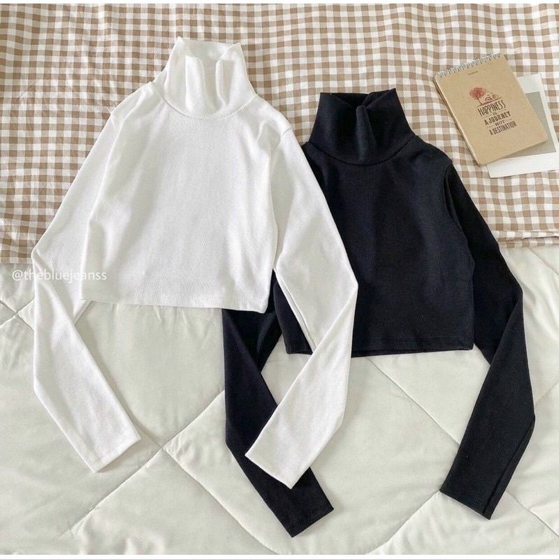 ☘️Áo croptop cổ lọ dài tay, chất thun gân dày mịn, co giãn tốt