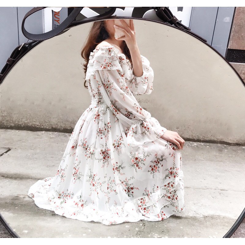 Váy trắng trễ vai hoa nhí babydoll thắt chun eo , đầm dự tiệc tiểu thư vintage kiểu ulzzang | BigBuy360 - bigbuy360.vn