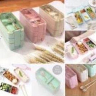 [Rẻ Nhất] Hộp cơm lúa mạch 3 tầng hình chữ nhật kèm thìa dĩa