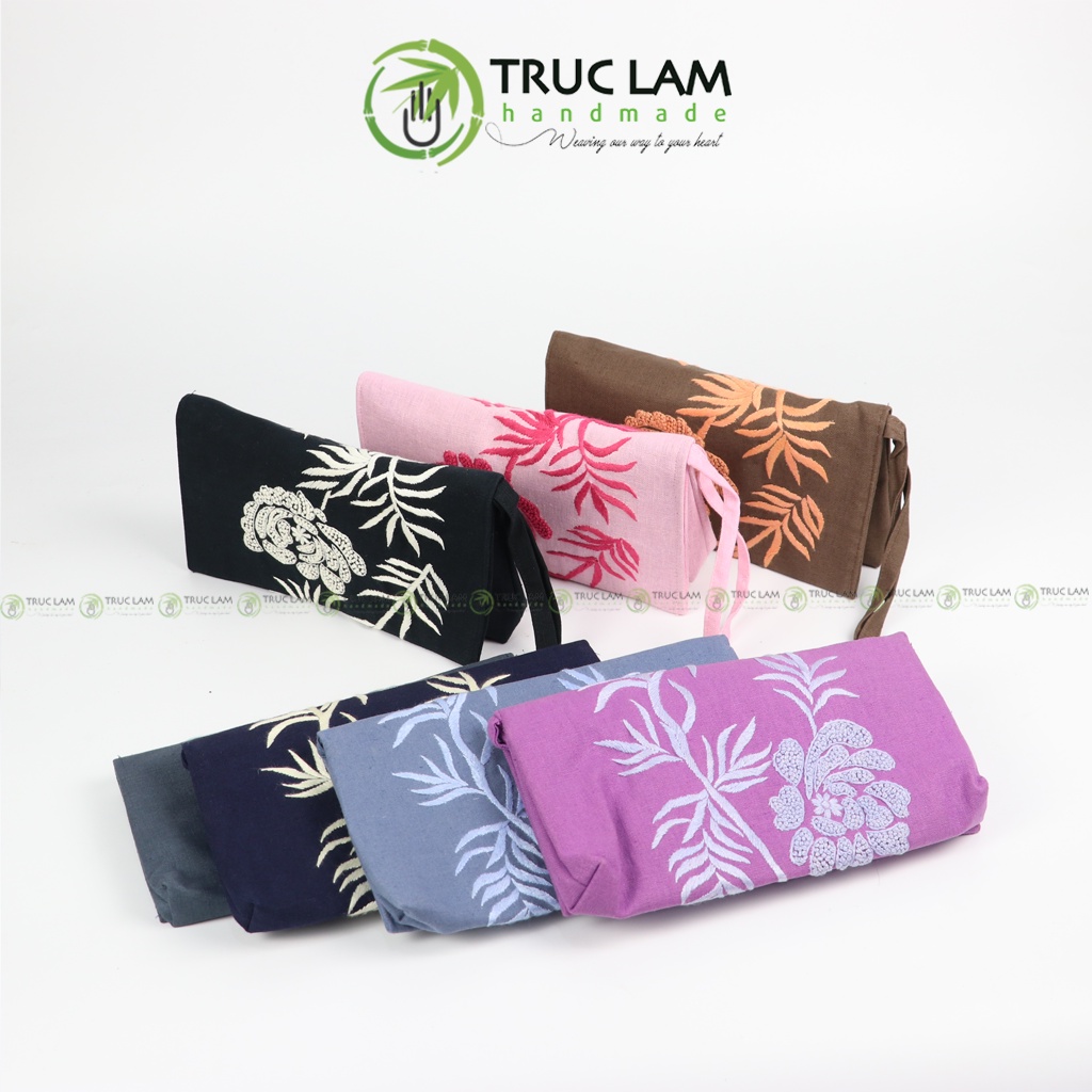 Ví Dài Cầm Tay Nữ Vải Linen Thêu Tay Họa Tiết Lá Liễu Hoa Cúc - Trúc Lâm Handmade