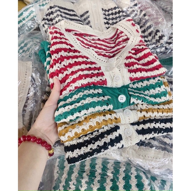Áo len kẻ sọc ngang sát nách, Áo liểu len lỗ mỏng mặc mát AL7305 - NhiNhi Shop