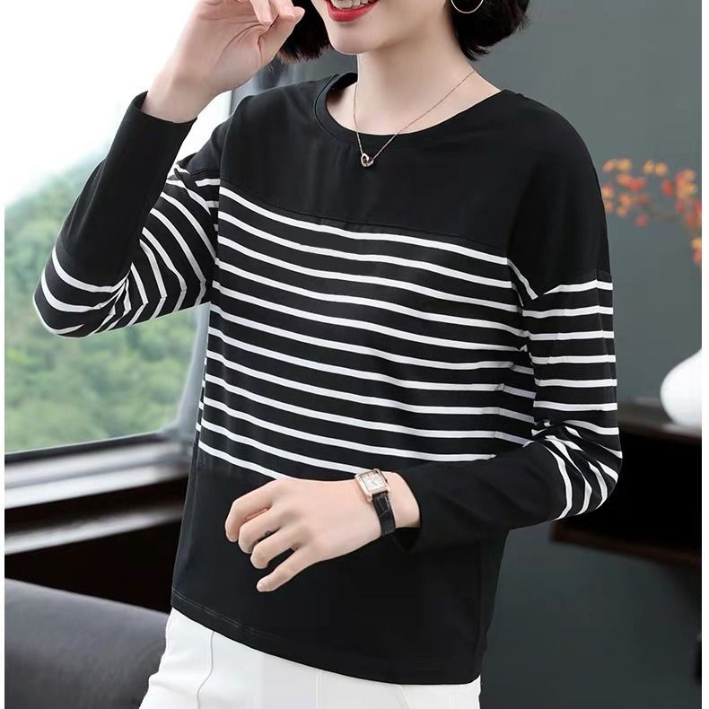 Áo Thun Dài Tay Dáng Rộng Hoa Văn Kẻ Sọc Thời Trang Dành Cho Phụ Nữ Trung Niên