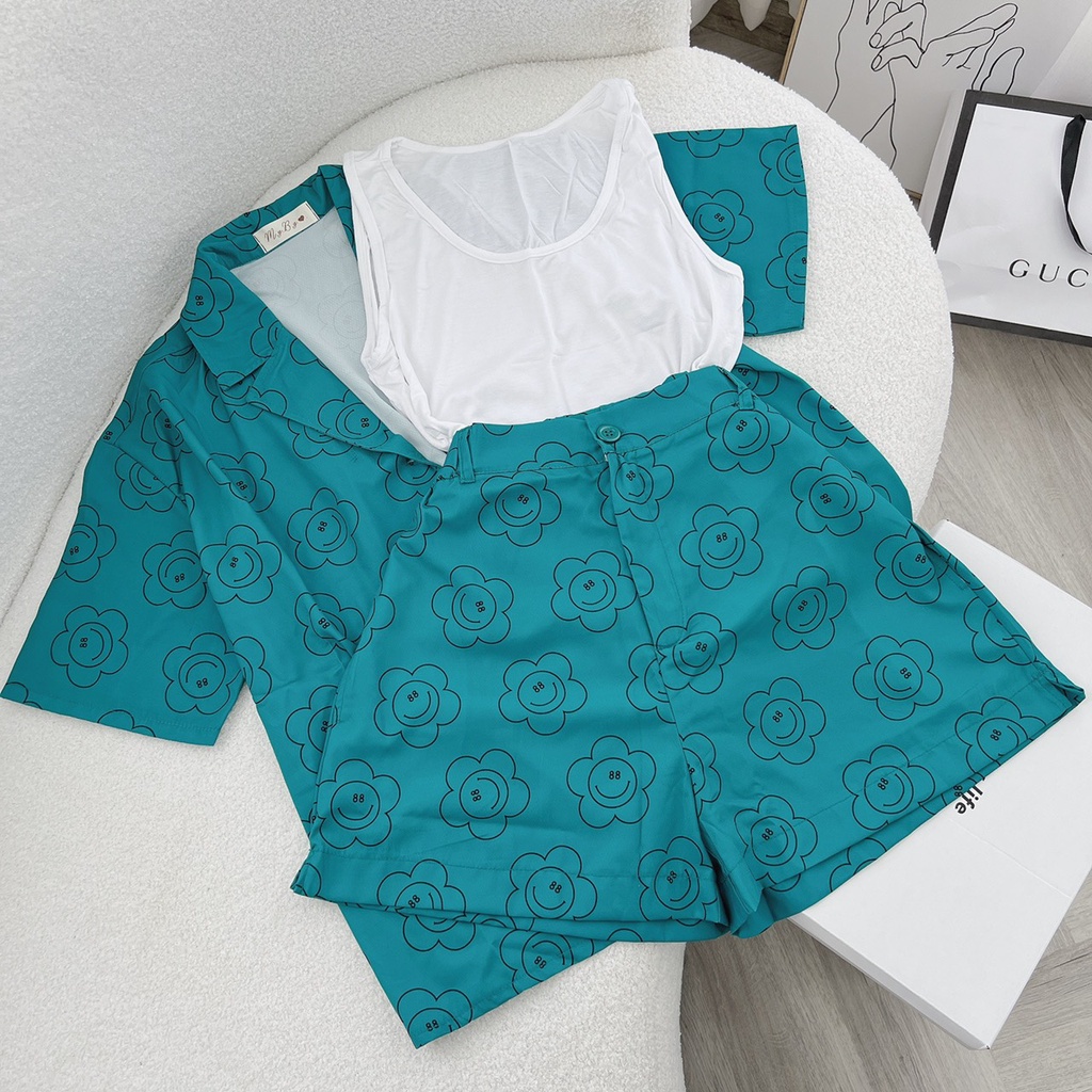 SET 3 MÓN:ÁO KHOÁC CỔ VEST TAY NGẮN + ÁO 3 LỖ TRẮNG + SHORT HOẠ TIẾT HOA