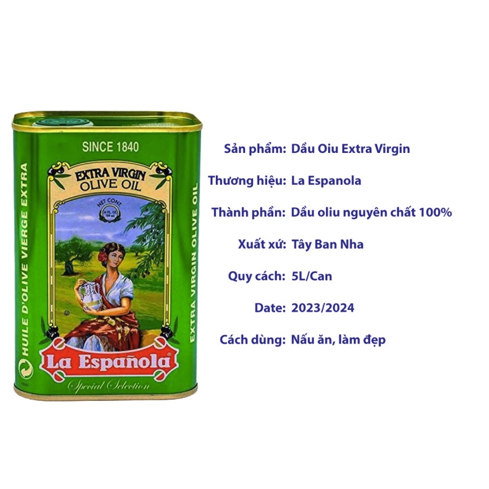 Dầu Oliu Nguyên Chất - Olive Extra Virgin La Espanola 5L - nhập khẩu Tây Ban Nha