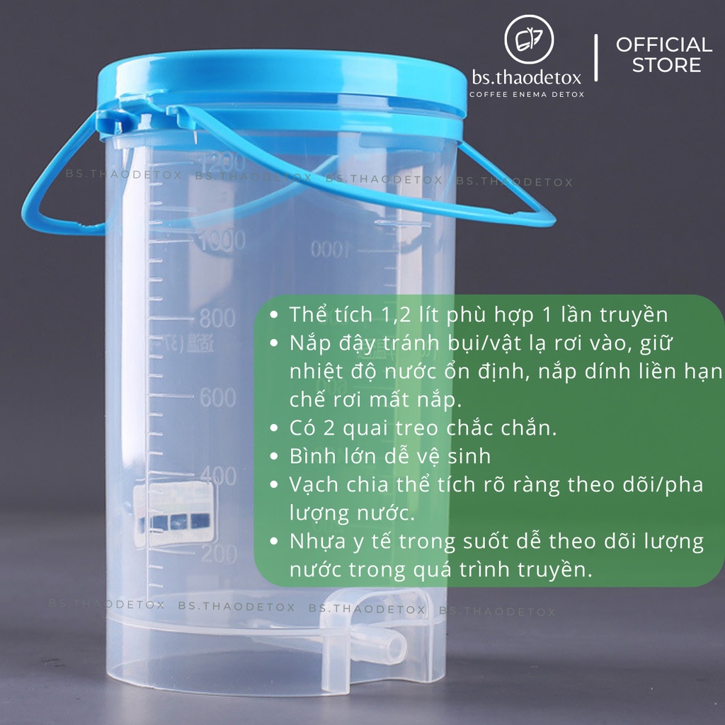 Bộ Ca truyền thải độc đại tràng Coffee Enema 1,2L có nắp đậy, Xô truyền Quốc Tế, dụng cụ Bình truyền nhưạ