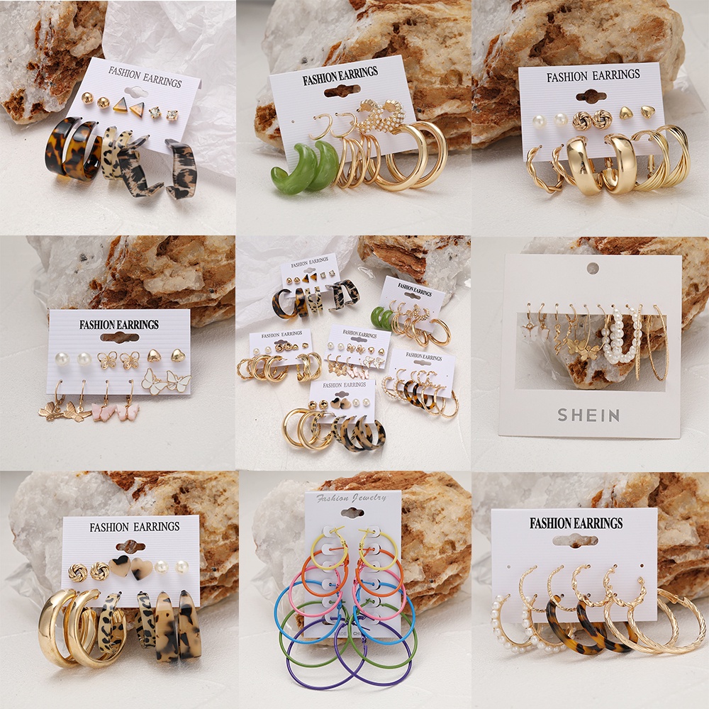 Set khuyên tai bằng kim loại và nhựa họa tiết bướm da báo đính ngọc trai nhiều kiểu dáng đa dạng