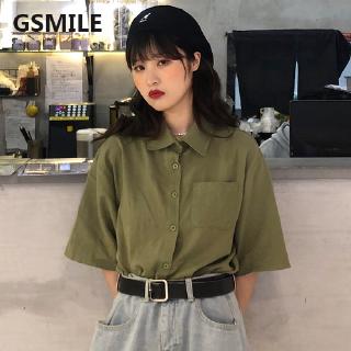 Áo sơ mi nữ tay ngắn màu trơn kiểu dáng retro Hàn Quốc
