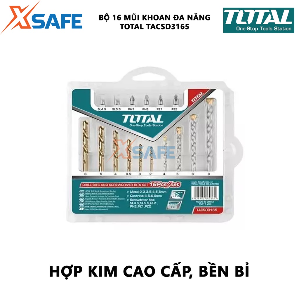 Bộ 16 mũi khoan bê tông và đầu bắn vít TOTAL TACSD3165 gồm 6 mũi khoan xoắn, 4 mũi khoan bê tông, 6 mũi siết vít