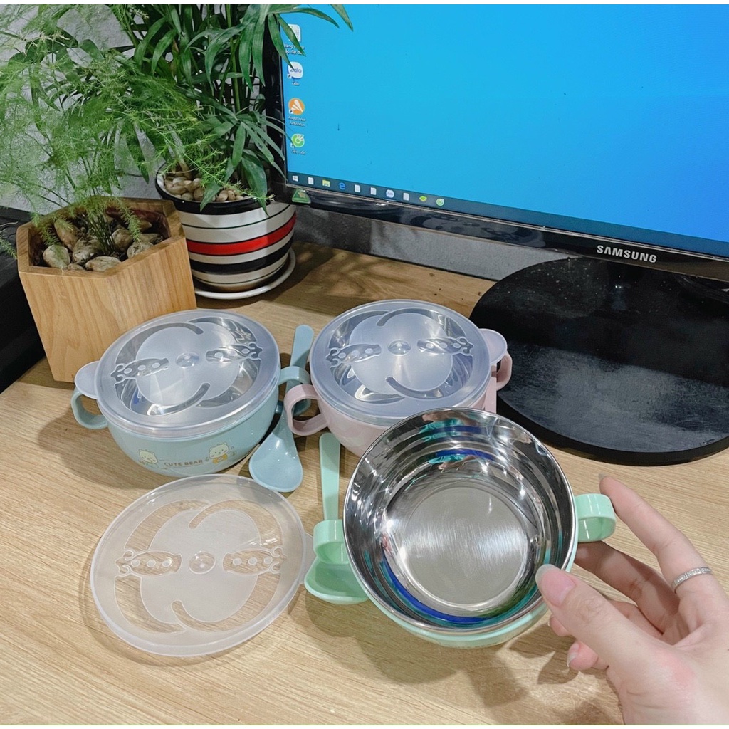 Bát ăn dặm cho bé, bát giữ nhiệt 2 lớp ruột inox kèm thìa và nắp đậy