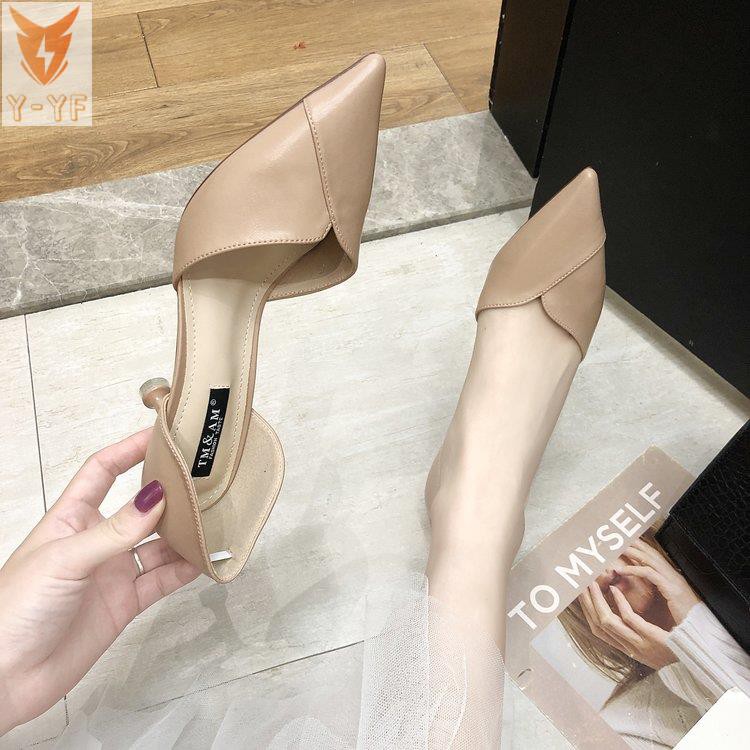 [High quality]Single shoes women's spring 2021 new Korean version of all-match pointed shallow mouth hollow high heels stiletto mid-heel fashion women's shoes