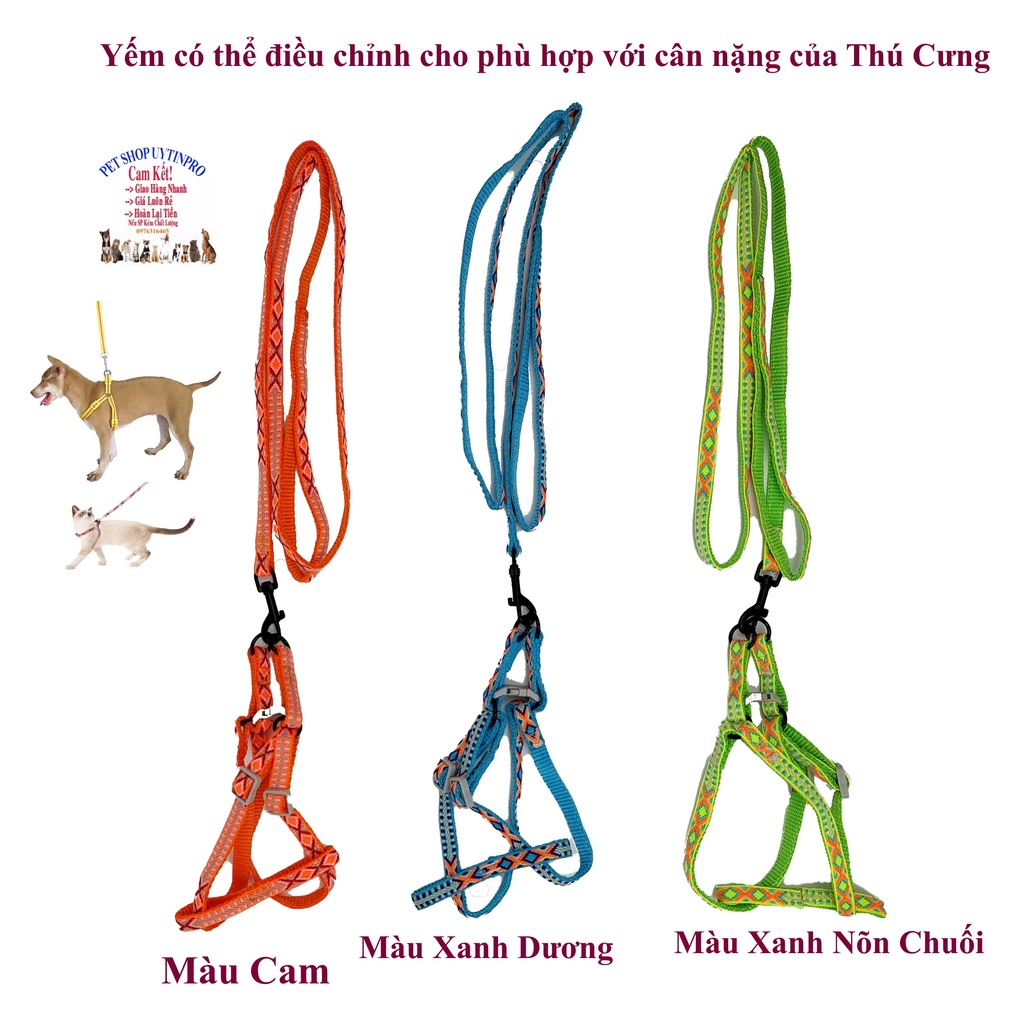 Dây dắt kèm yếm cho Chó Mèo dưới 5kg Bản rộng 1cm Phủ lớp vải thổ cẩm mềm Chất liệu dù bền chắc, Yếm có thể điều chỉnh