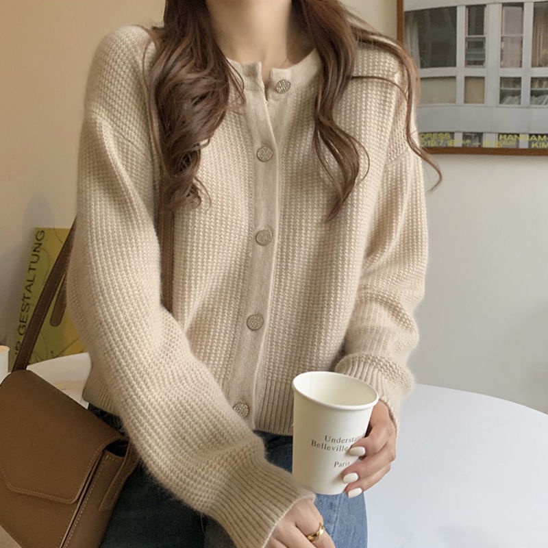 Áo Khoác Cardigan Dệt Kim Cổ Tròn Dáng Ngắn Phong Cách Hong Kong Thời Trang Cho Nữ