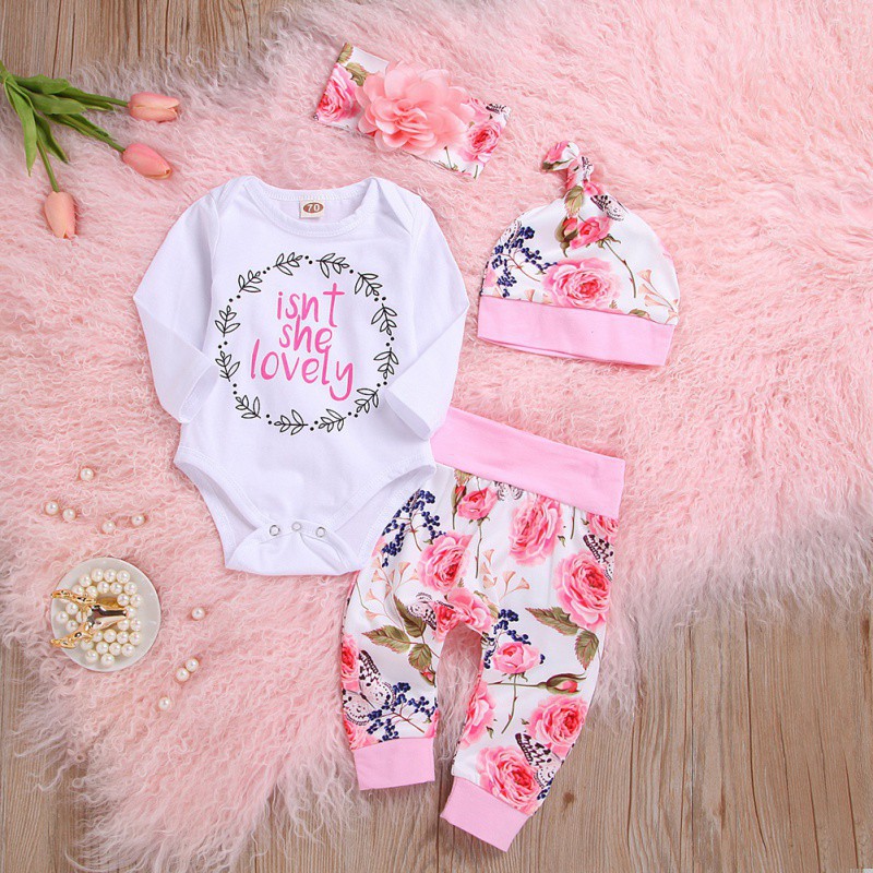 Set áo liền quần tay dài + quần + băng đô chất liệu cotton dễ thương cho bé