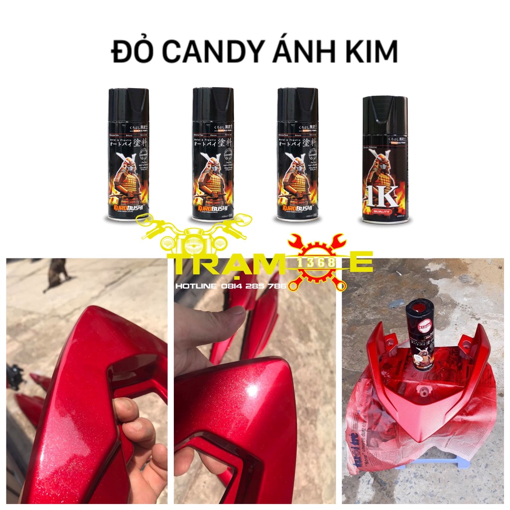 Combo Sơn xịt Samurai màu đỏ Candy ánh kim 1108 đủ quy trình bền đẹp, chuyên sơn xe máy ô tô độ bền màu cao