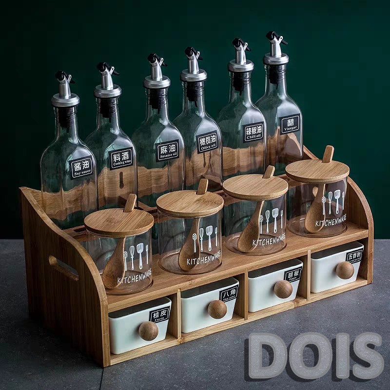 Full Bộ Kệ gỗ, Chai thủy tinh và Hũ đựng gia vị (mắm, muối, dầu ăn, mì chính....) cao cấp / DOIS | BigBuy360 - bigbuy360.vn